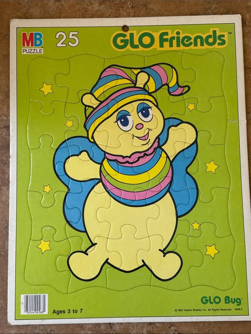 Vintage 1985 GLO Friends GLO Bug cardboard tray puzzle GLO Worm 25 pc